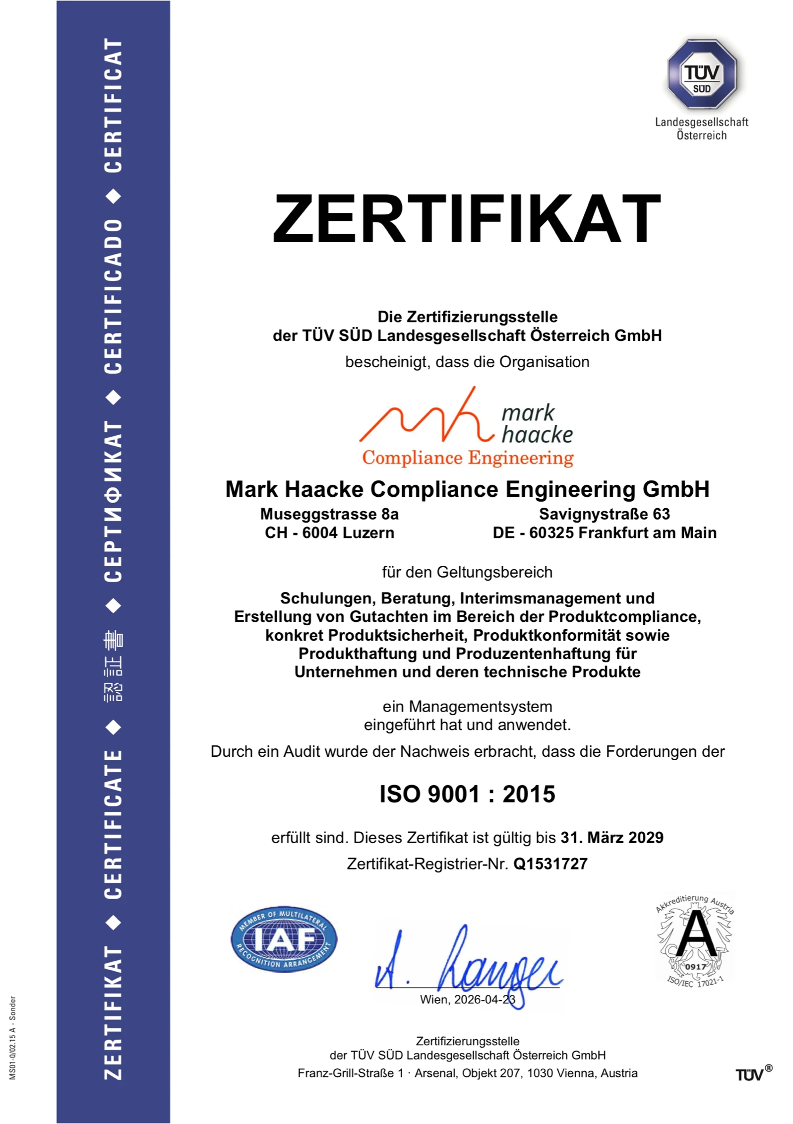 Zertifikaturkunde ISO 9001:2015, Registrier-Nr. Q1531727