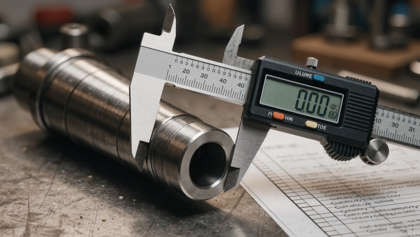 Digitaler Messschieber misst ein Metallbauteil neben einer Prüfliste
