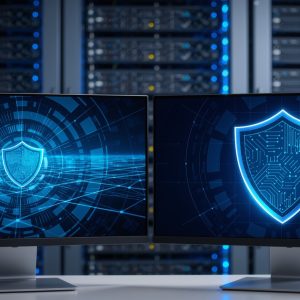 Zwei Cybersicherheits-Dashboards nebeneinander