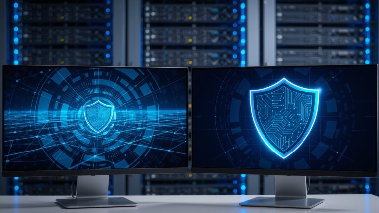 Zwei Cybersicherheits-Dashboards nebeneinander