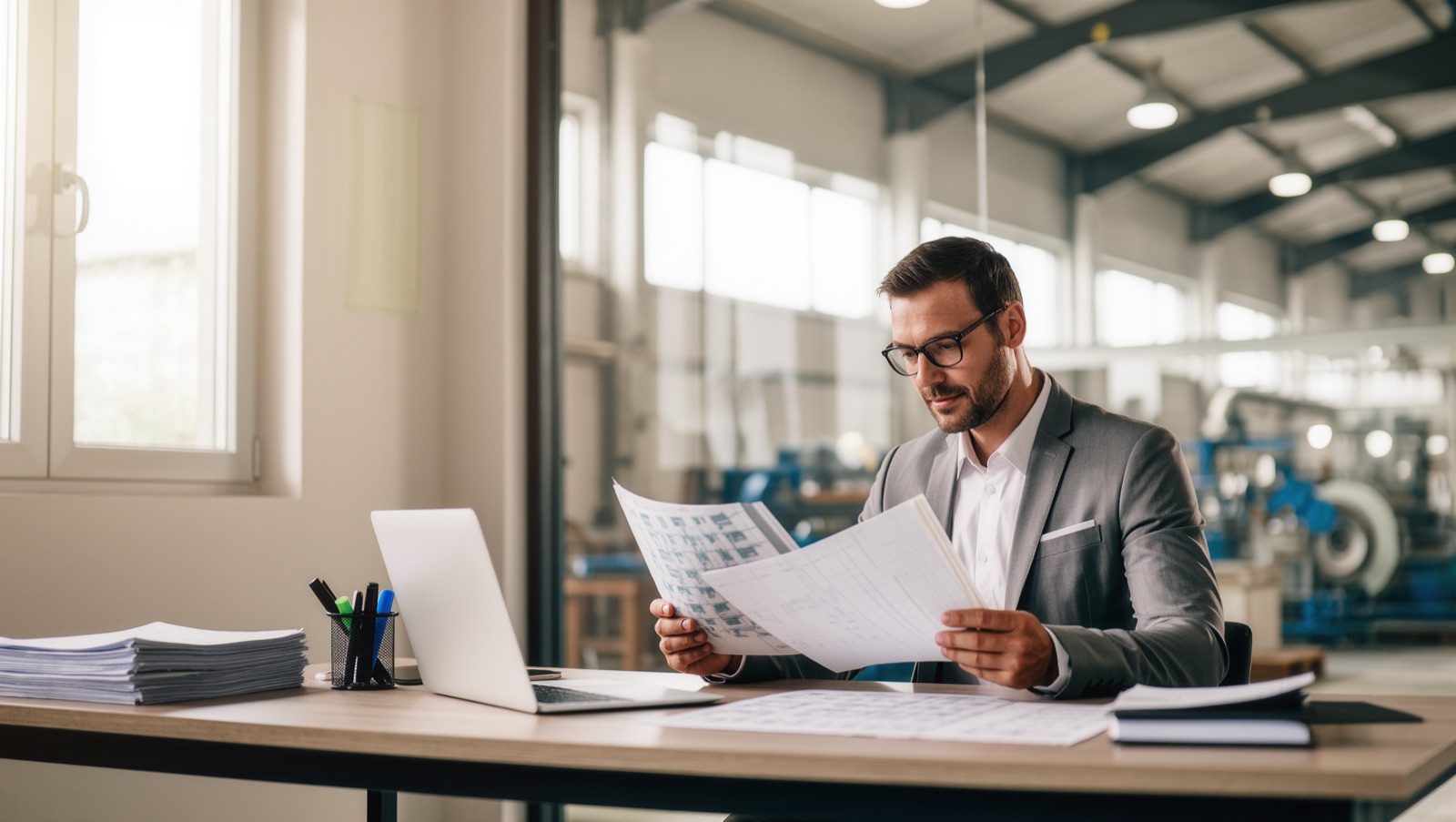 Qualitätsmanager prüft Prozessunterlagen in heller Produktionsumgebung – Symbolbild ISO 9001