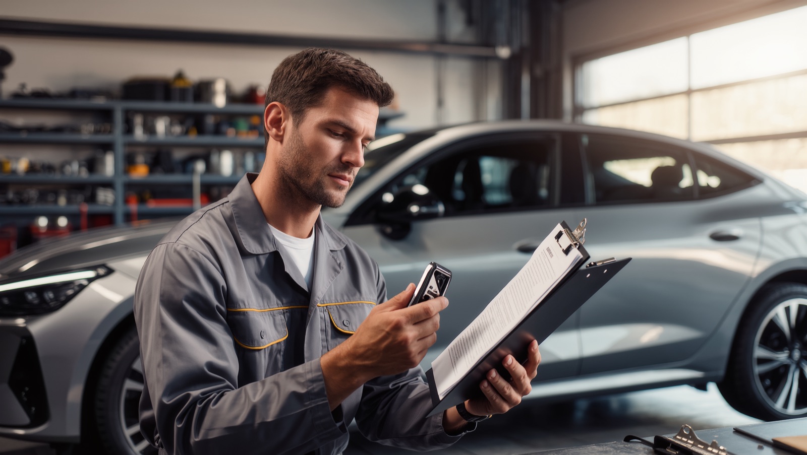 Ingenieur prüft Typschild und technische Unterlagen an einem Fahrzeug