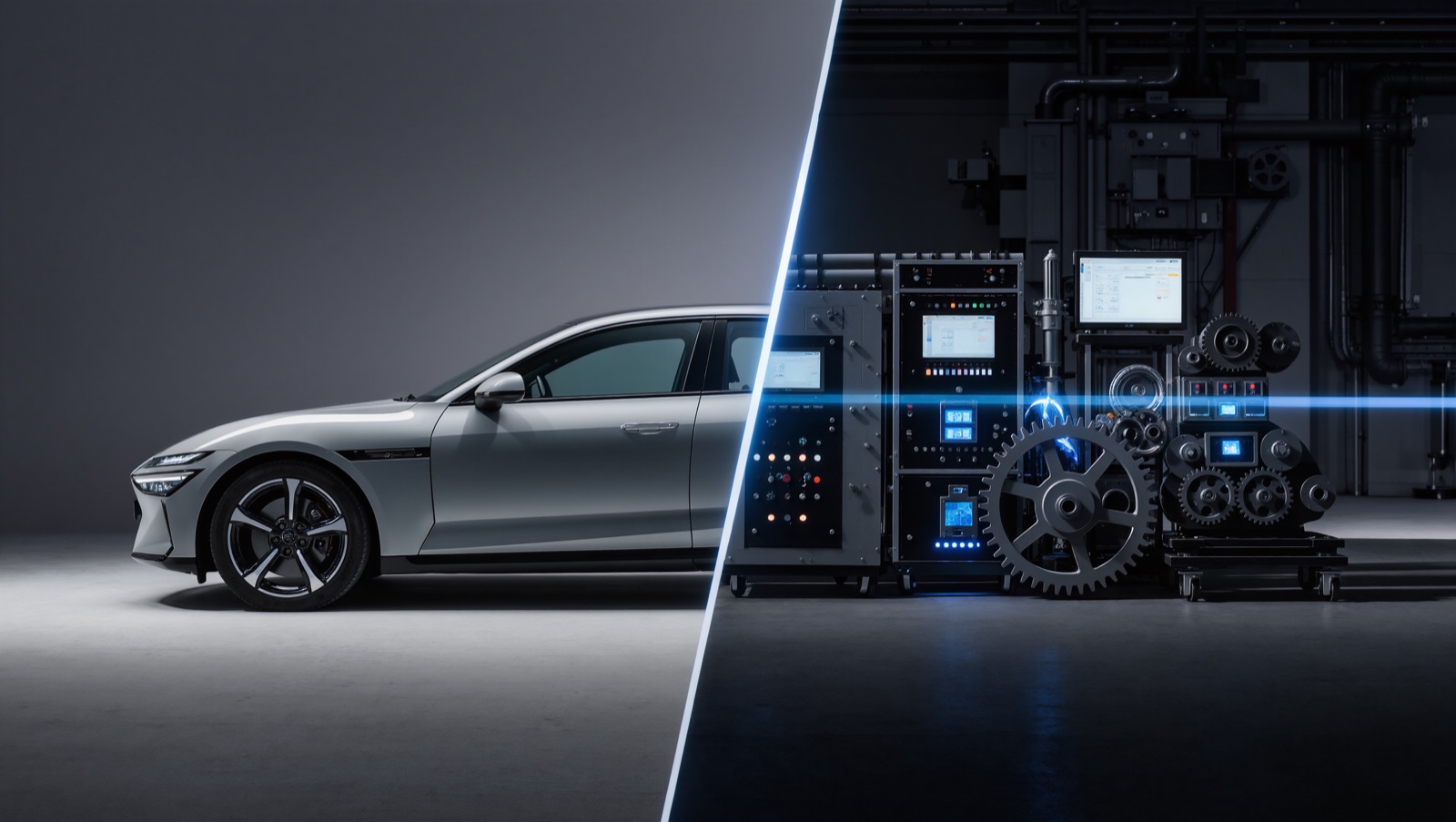 Fahrzeug und Industriemaschine nebeneinander – Symbolbild Typgenehmigung vs. CE